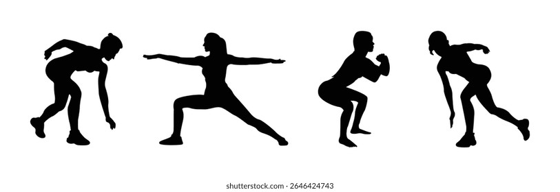 fitness silhouette of woman. Yoga poses silhouettes fitness wellness exercise. Various Yoga Poses Silhouettes Collection for Fitness, vector illustration.