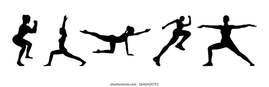 fitness silhouette of woman. Yoga poses silhouettes fitness wellness exercise. Various Yoga Poses Silhouettes Collection for Fitness, vector illustration.