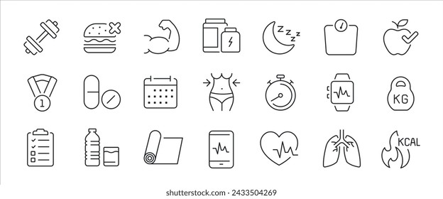 Fitness simple minimal thin line icons. Related gym, healthy life, exercise, activity. Vector illustration.