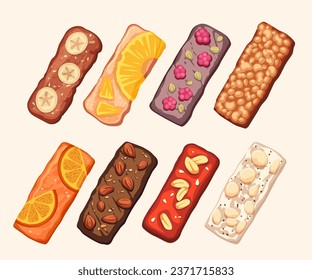 fitness snack set. nuts herbs, vegan protein bars, healthy sport muesli bars with seeds, energy nutritional food. vector cartoon flat collection.