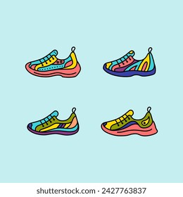 Fitness Sneaker Shoes Color Thin Line Icons Set Training Footwear Concept. Vector illustration of Active Sport Shoe