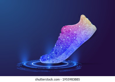 Fitness sneakers shoes. Abstract polygonal light of close up shoes on podiun. Trendy abstract wireframe with blue shoe on blue background. Abstract connection structure. Wireframe vector illustration