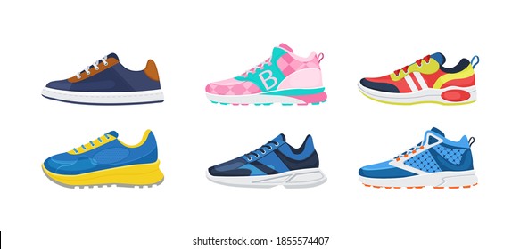 Fitness sneakers shoes set. Comfortable shoes for training, running and walking. Sports shoes of various shapes, training footwear, active sport sneakers cartoon vector illustration