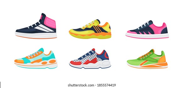 Fitness sneakers shoes set. Comfortable shoes for training, running and walking. Sports shoes of various shapes, training footwear, active sport sneakers cartoon vector illustration