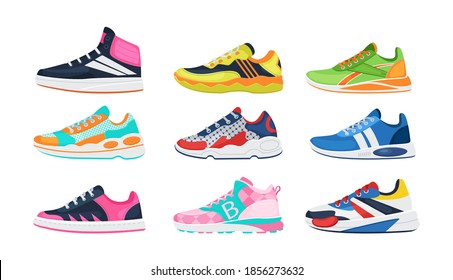 Fitness sneakers shoes set. Comfortable shoes for training, running and walking. Sports shoes of various shapes, training footwear, active sport sneakers cartoon vector illustration