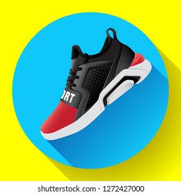 fitness sneakers shoes for training running shoe flat design with long shadow. Fitness app