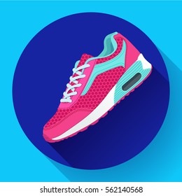 Fitness Sneakers Shoes For Training Running Shoe Flat Design With Long Shadow. Fitness App