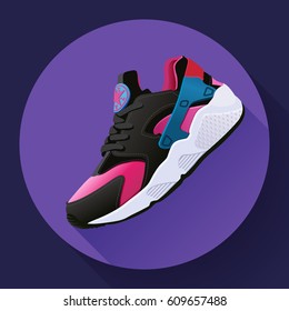 fitness sneakers shoes for training running shoe flat design with long shadow. Fitness app