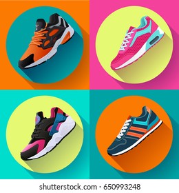 fitness sneakers shoes for training running shoe flat design with long shadow. Fitness app