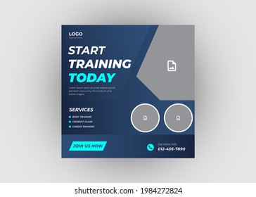 Fitness social media post design. Gym social media post design. Fitness studio banner poster flyer template. Gym flyer design.