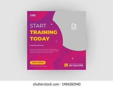 Fitness social media post design. Gym social media post design. Fitness studio banner poster flyer template. Gym flyer design.