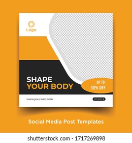 Fitness social media post, web banner template. Promotional banner for social media post