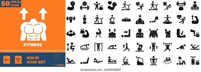 Fitness Sólido editável ícones conjunto. Ilustração vetorial em estilo sólido fino moderno de ícones de fitness: ginásio, exercício, peso, etc
