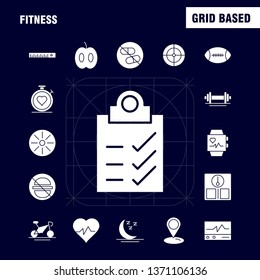 Fitness Solid Glyph Icon Pack For Designers And Developers. Icons Of Medical, Scanner, Statistic, Monitor, Medical, Fitness, Healthcare, Gym, Vector