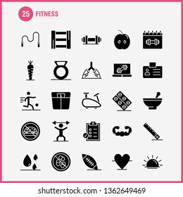 Fitness Solid Glyph Icons Set For Infographics, Mobile UX/UI Kit And Print Design. Include: Apple, Food, Fitness, Blood, Droop, Fitness, Id Card, Icon Set - Vector