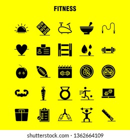 Fitness Solid Glyph Icons Set For Infographics, Mobile UX/UI Kit And Print Design. Include: Apple, Food, Fitness, Blood, Droop, Fitness, Id Card, Icon Set - Vector