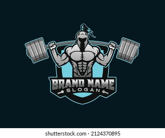 fitness spartan holding barbell esport logo illustration 