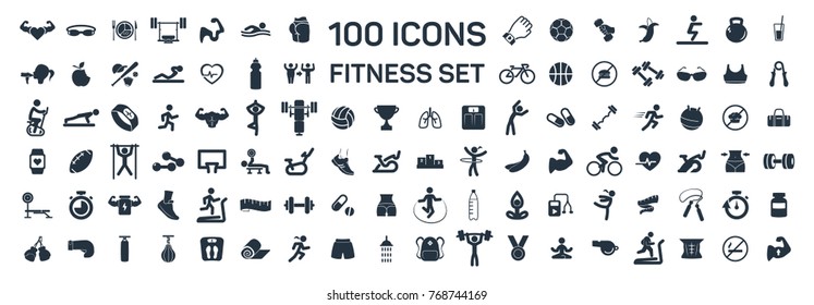fitness and sport 100 isolated icons set on white background - Shutterstock ID 768744169
