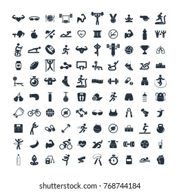 fitness and sport 100 isolated icons set on white background