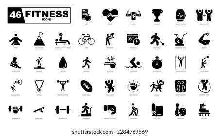 Fitness and sport 46 isolated outline icons set on white background.