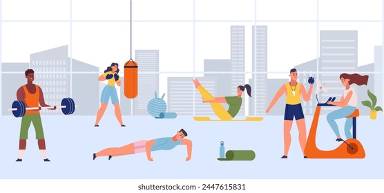 Fitness sport activities in gym, people make yourself strong of fitness gym exercise, sport activity for healthy, training and workout illustration