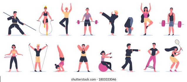 Fitness sport activities. People training, male female characters performing sport, martial arts and yoga vector illustration icons set. Art martial and yoga, sportswear and athletic equipment