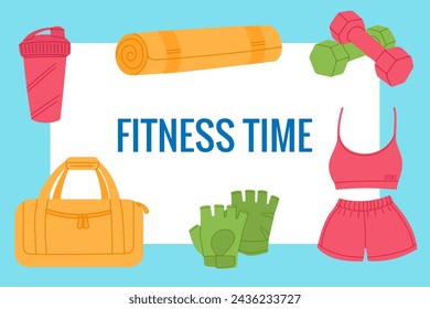 fitness, sport banner, healthy lifestyle, training equipment, bottle, weights, gloves, sportswear, sport bag, vector illustration