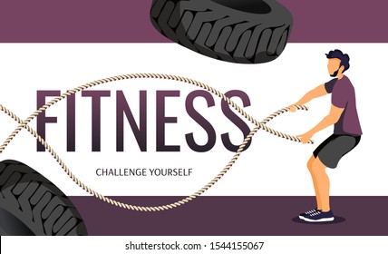 Fitness, Sport center, Healthy lifestyle, Training concept. Man working out with battle ropes. Vector illustration for poster, banner, placard, flyer.