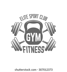Fitness sport club isolated vector monochrome label on white background, kettlebell and two crossed barbells