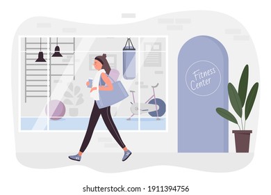 Fitness sport club, workout center vector illustration. Cartoon young woman character in sportswear, gym bag, water bottle in hands walking from city fitness club, healthy lifestyle isolated on white