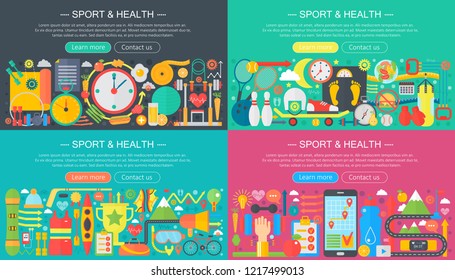 Fitness and sport concept with exercise equipment, diet food, bodybuilding and training. Horizontal flat vector banners set.