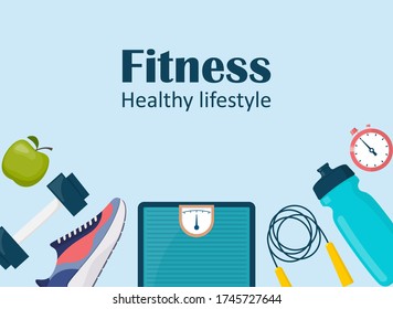 Fitness, sport, diet and healthy lifestyle banner with copy space and training equipment. Running, sport and gym icons set. Vector illustration in flat style