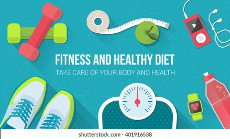 Fitness, sport, diet and healthy lifestyle banner with copy space and training equipment