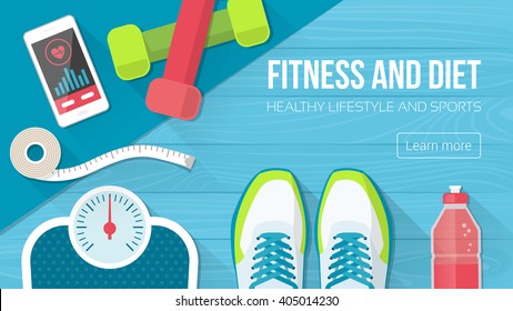 Fitness, sport, diet and healthy lifestyle banner with copy space and training equipment