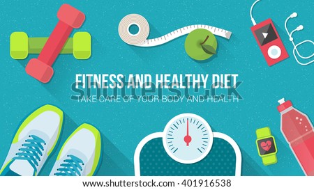 Fitness, sport, diet and healthy lifestyle banner with copy space and training equipment