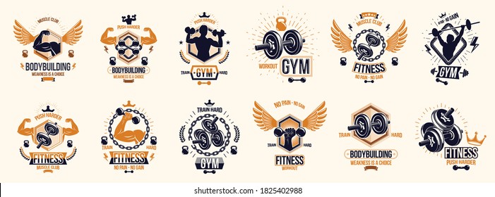 Fitness sport emblems logos or posters with barbells dumbbells kettlebells and muscle man silhouettes vector set, athletic workout active lifestyle theme, sport club or competition awards.