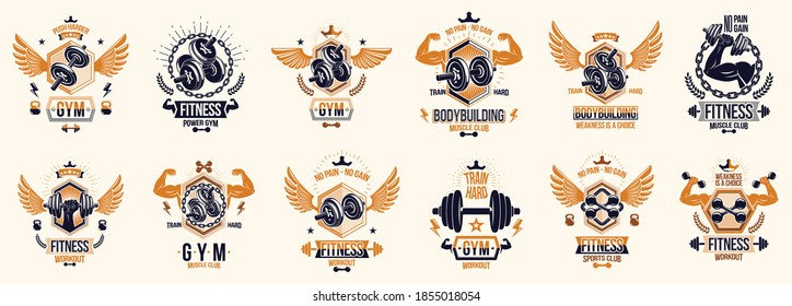 Fitness sport emblems logos or posters with barbells dumbbells kettlebells and muscle man silhouettes vector set, athletic workout active lifestyle theme, sport club or competition awards.