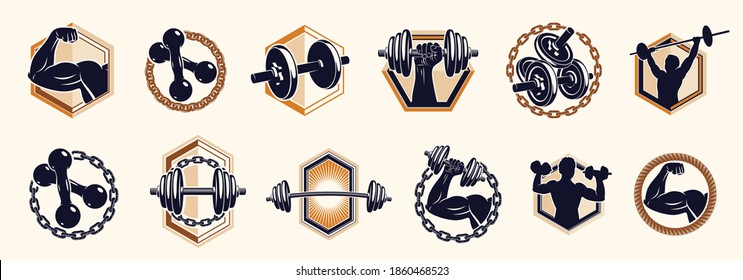 Fitness sport emblems logos or posters with barbells dumbbells kettlebells and muscle man silhouettes vector set, athletic workout active lifestyle theme, sport club or competition awards.