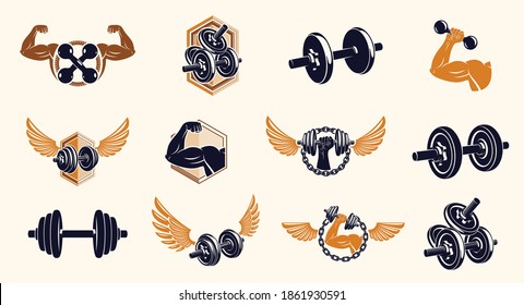Fitness sport emblems logos or posters with barbells dumbbells kettlebells and muscle man silhouettes vector set, athletic workout active lifestyle theme, sport club or competition awards.