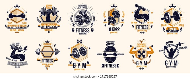 Fitness sport emblems logos or posters with barbells dumbbells kettlebells and muscle man silhouettes vector set, athletic workout active lifestyle theme, sport club or competition awards.