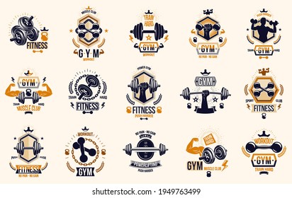Fitness sport emblems logos or posters with barbells dumbbells kettlebells and muscle man silhouettes vector set, athletic workout active lifestyle theme, sport club or competition awards.