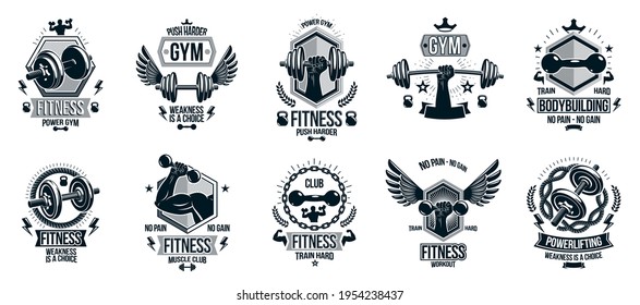 Fitness sport emblems logos or posters with barbells dumbbells kettlebells and muscle man silhouettes vector set, athletic workout active lifestyle theme, sport club or competition awards.