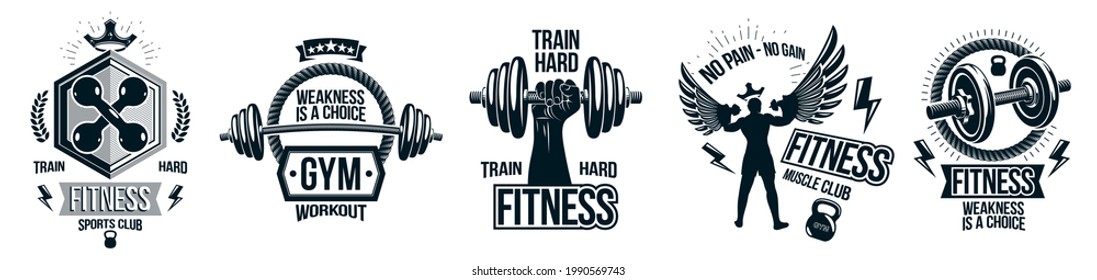 Fitness sport emblems logos or posters with barbells dumbbells kettlebells and muscle man silhouettes vector set, athletic workout active lifestyle theme, sport club or competition awards.