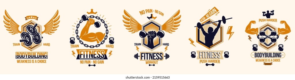 Fitness sport emblems logos or posters with barbells dumbbells kettlebells and muscle man silhouettes vector set, athletic workout active lifestyle theme, sport club or competition awards.