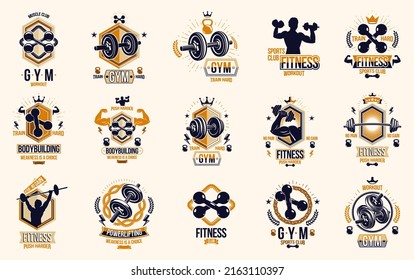 Logos oder Poster für Fitness-Sport mit Barbells Hantel Kettlebells und Muskel-Mann-Silhouetten-Vektorset, sportliches Training aktive Lifestyle-Thema, Sport-Club oder Wettkampfpreise.