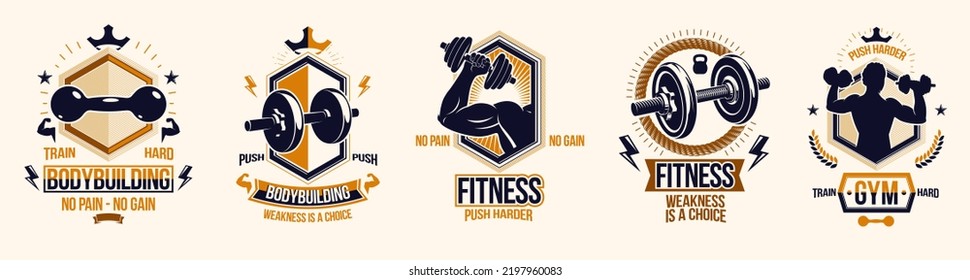 Logos oder Poster für Fitness-Sport mit Barbells Hantel Kettlebells und Muskel-Mann-Silhouetten-Vektorset, sportliches Training aktive Lifestyle-Thema, Sport-Club oder Wettkampfpreise.