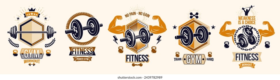 Fitness sport emblems logos or posters with barbells dumbbells kettlebells and muscle man silhouettes vector set, athletic workout active lifestyle theme, sport club or competition awards.