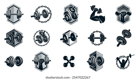 Fitness Sport Embleme Logos oder Plakate mit Hanteln Hanteln Kettlebells und Muskel-Mann Silhouetten Vektorsatz, sportliches Workout aktives Lifestyle-Thema, Sport-Club oder Wettbewerb Auszeichnungen.