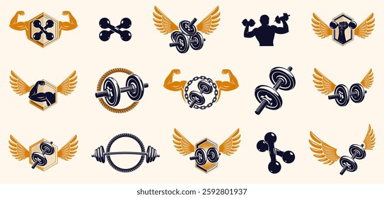 Fitness sport emblems logos or posters with barbells dumbbells kettlebells and muscle man silhouettes vector set, athletic workout active lifestyle theme, sport club or competition awards.