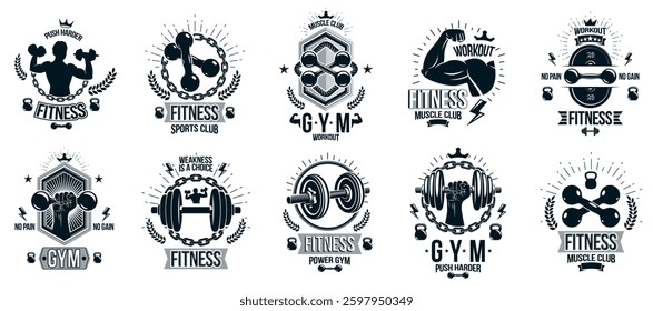 Fitness sport emblems logos or posters with barbells dumbbells kettlebells and muscle man silhouettes vector set, athletic workout active lifestyle theme, sport club or competition awards.